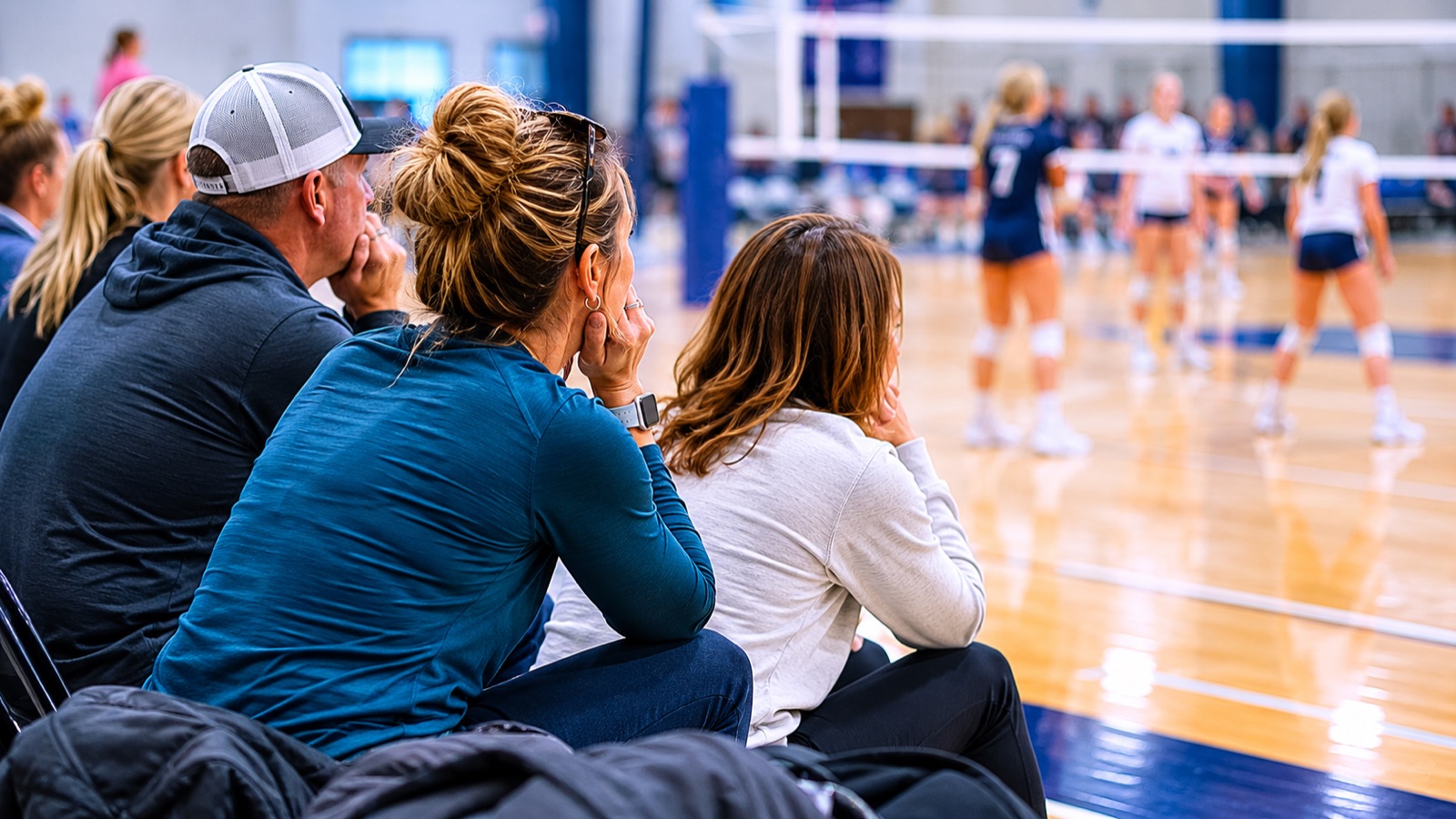 A parent watching her daughter's volleyball match from the stands